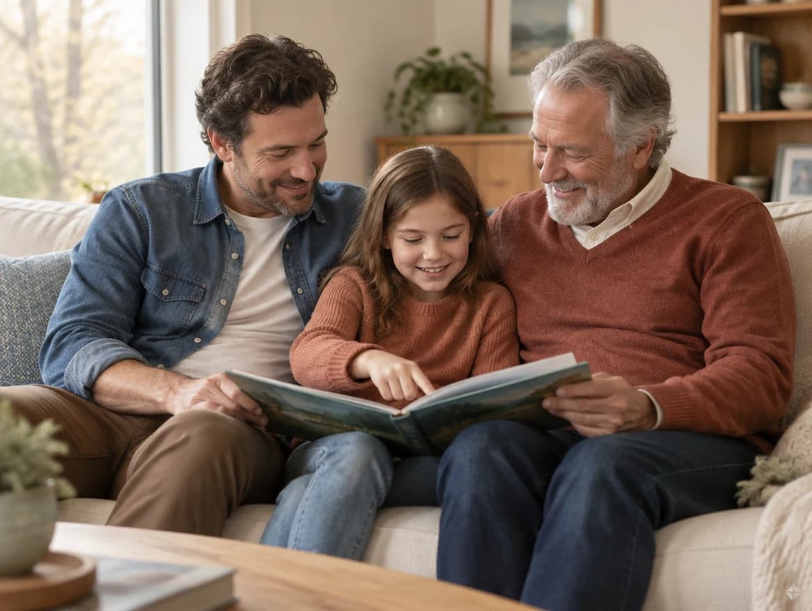 A child reading with their father and grandfather at home.