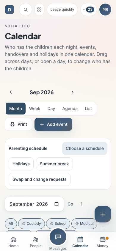 Family calendar showing each parent's time.