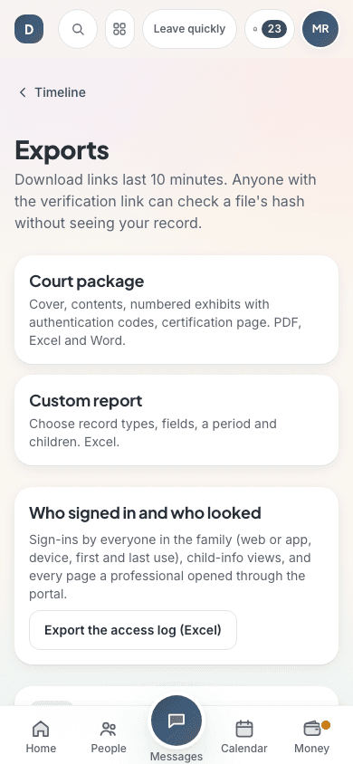 Export options for family records.