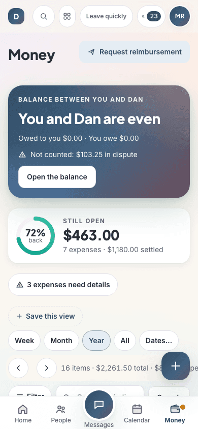 Expense and reimbursement overview in the app.